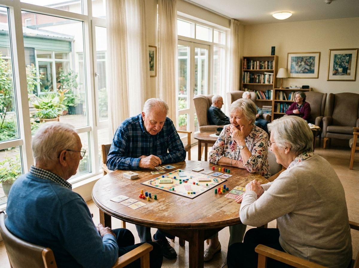 Résidents d'un EHPAD jouant ensemble à un jeu de société dans une salle d'activités conviviale et lumineuse