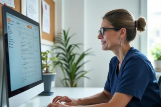 Administratrice d'EHPAD paramétrant le logiciel netsoins.com sur un ordinateur de bureau dans un bureau administratif moderne