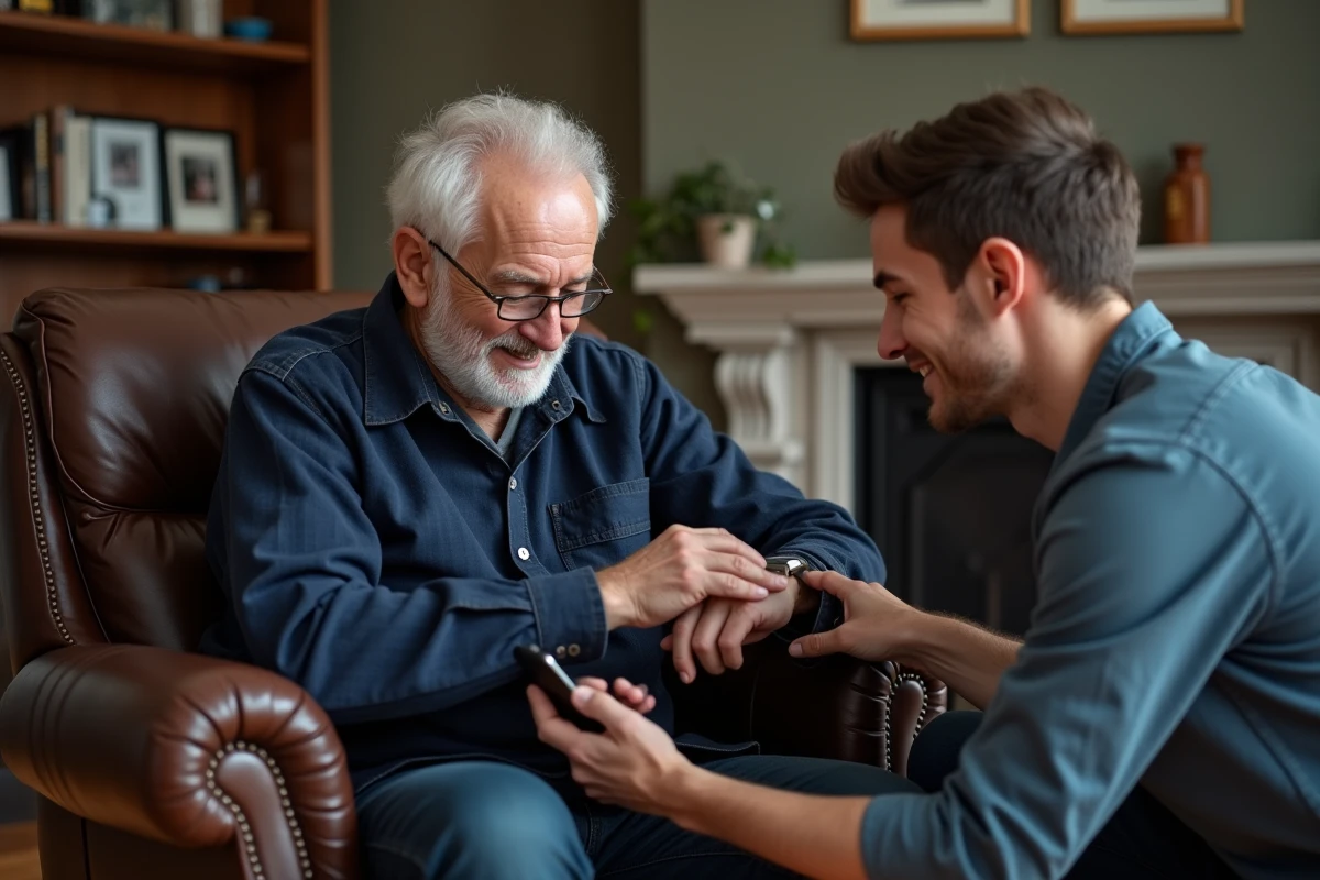 Un aidant masculin configurant une montre connectée pour un homme âgé assis dans un fauteuil à domicile