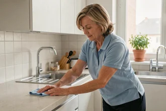 Aide à domicile ADMR effectuant le ménage dans une cuisine moderne d'appartement français