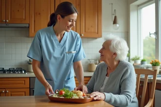 Aide à domicile servant un repas à une personne âgée dans une cuisine résidentielle, illustrant les tâches autorisées d'une auxiliaire de vie
