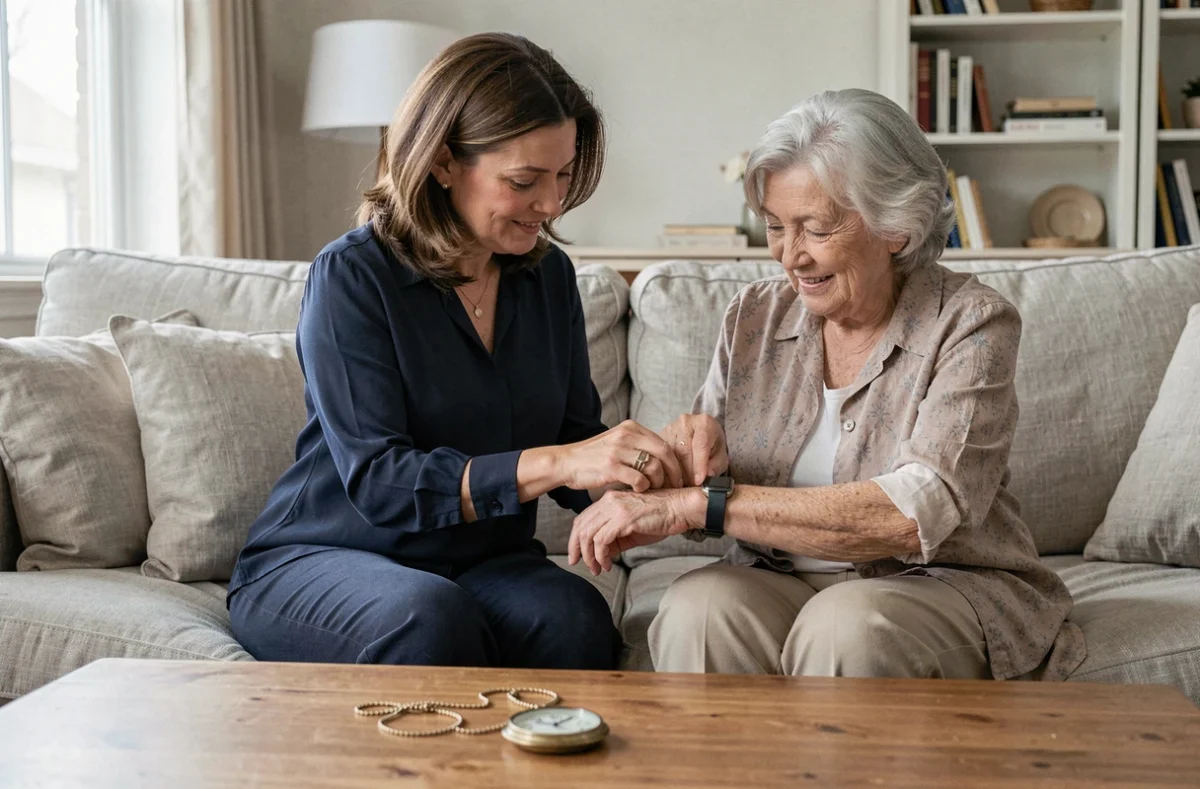 Fille aidant sa mère âgée à porter une montre connectée, avec un ancien médaillon d'alarme posé sur la table