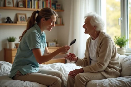 Femme âgée avec aide-soignante dans une chambre chaleureuse
