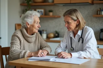 Femme âgée et aide-soignante discutant à la cuisine