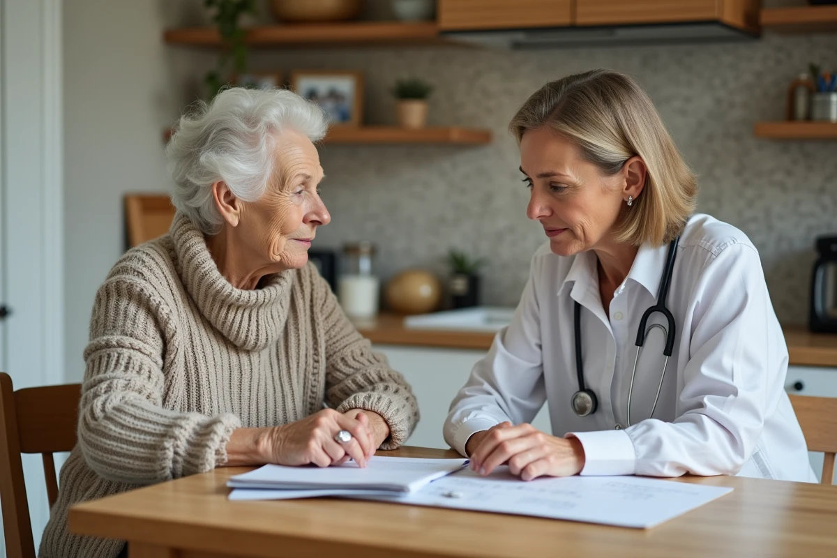 Femme âgée et aide-soignante discutant à la cuisine