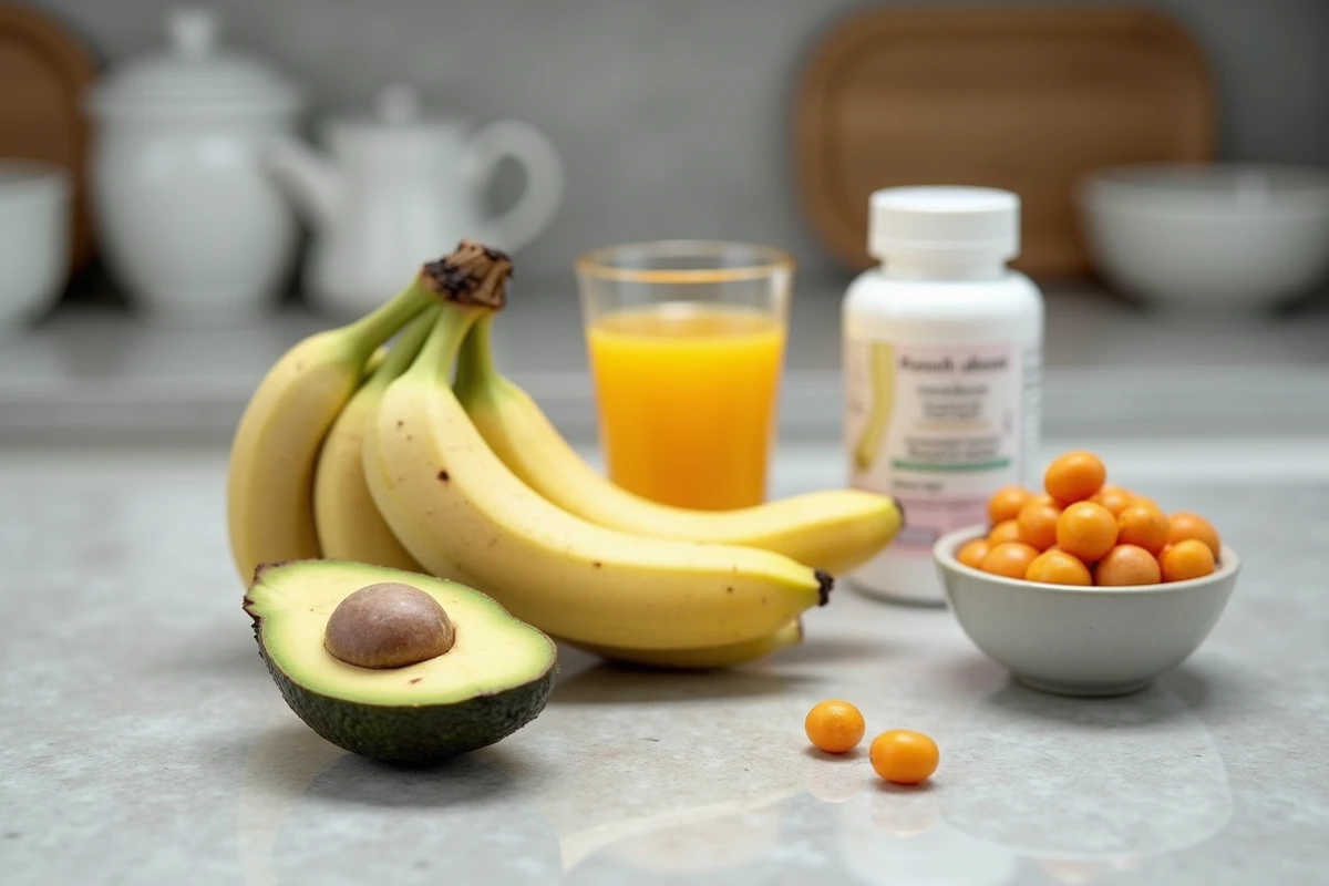 Aliments riches en potassium comme les bananes, l'avocat et les abricots secs disposés à côté d'un médicament diurétique sur un comptoir de cuisine