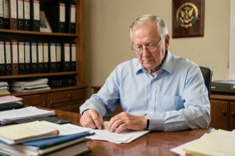 Ancien combattant senior consultant des documents officiels pour sa retraite mutualiste à son bureau à domicile