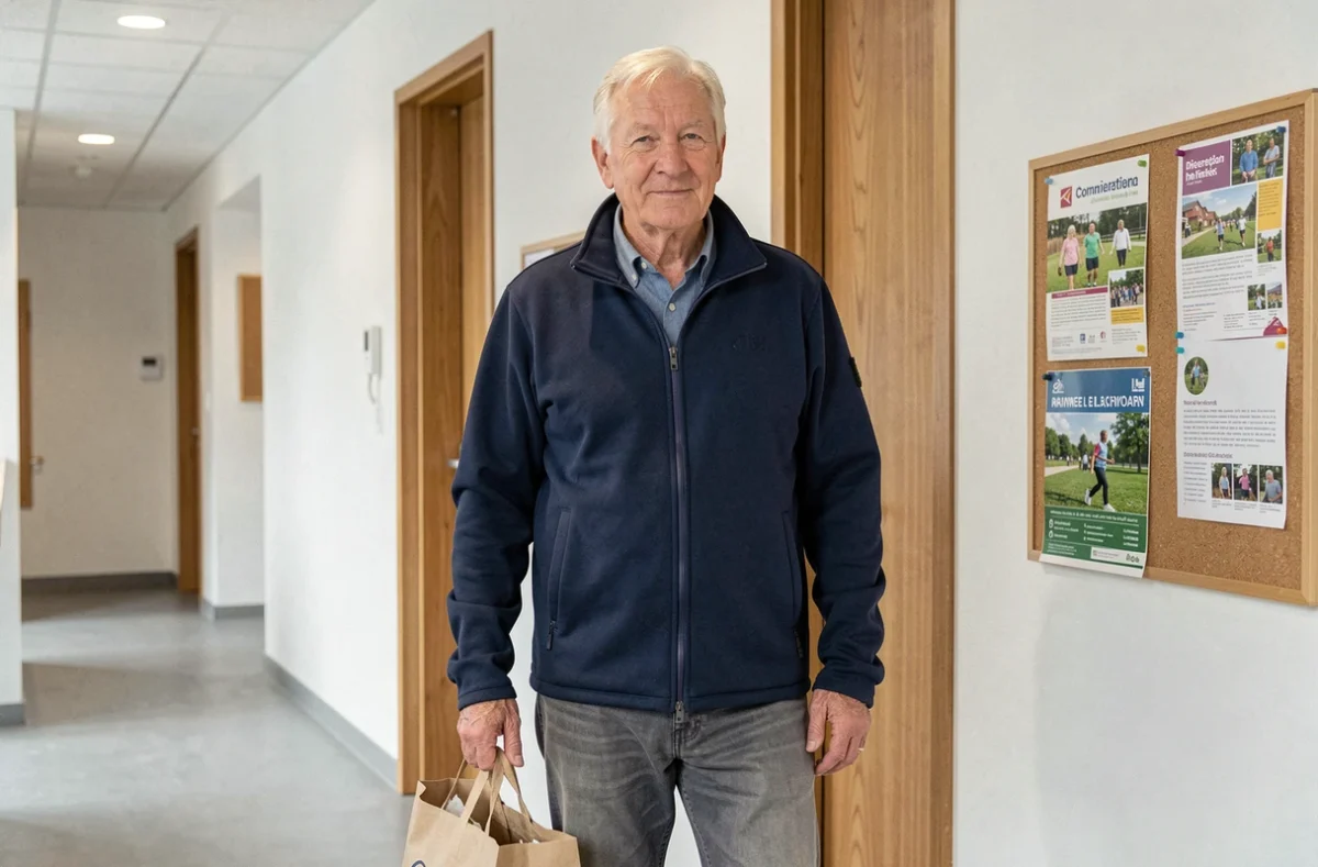 Senior homme autonome dans le couloir moderne de la résidence APPART'SENIORS Nantes Senghor, illustrant un mode de vie indépendant en résidence urbaine