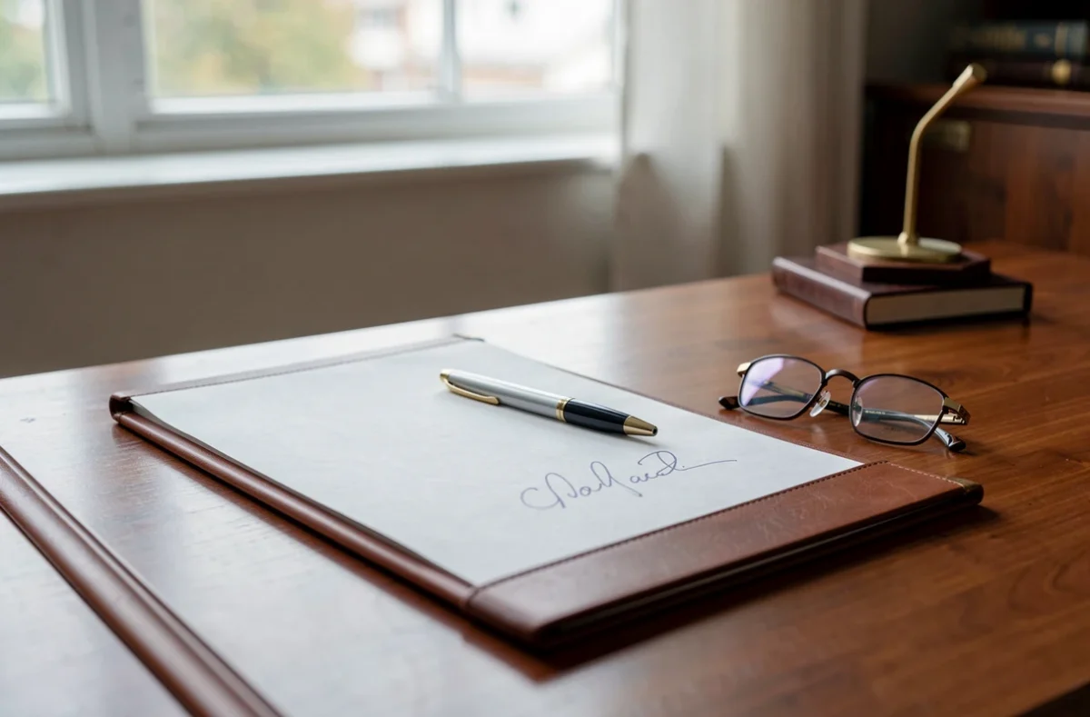 Bureau de notaire avec dossier, stylo et lunettes de lecture