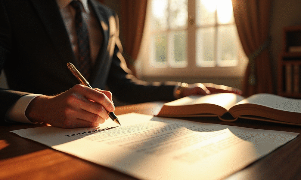 Bureau de notaire avec stylo plume signant un testament