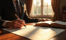 Bureau de notaire avec stylo plume signant un testament