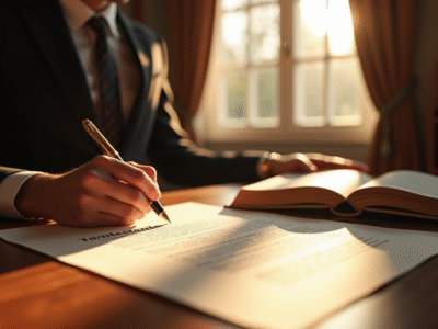 Bureau de notaire avec stylo plume signant un testament