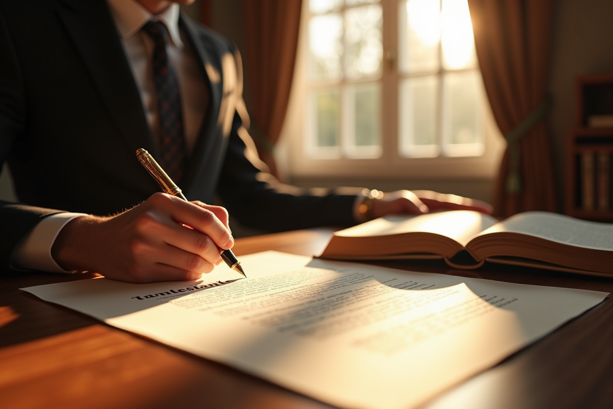 Bureau de notaire avec stylo plume signant un testament