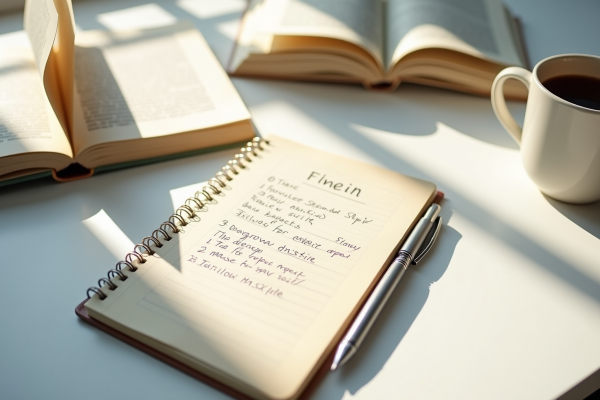 Carnet avec notes et livres ouverts sur un bureau lumineux