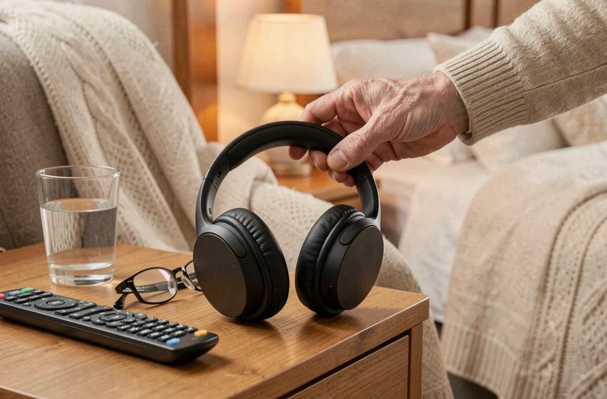 Gros plan sur un casque TV sans fil posé sur une table de chevet avec les mains d'un senior qui le saisit