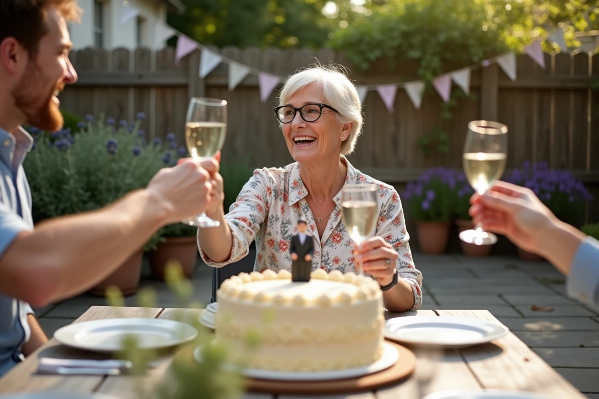 Femme souriante fêtant sa retraite en plein air avec des amis lors d'un repas festif avec gâteau humoristique