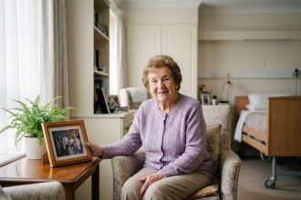 Femme âgée souriante dans sa chambre d'EHPAD, tenant une photo de famille dans un environnement confortable et personnalisé
