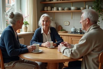 Trois seniors partageant un moment convivial autour d'une table dans une cuisine de colocation pour personnes âgées