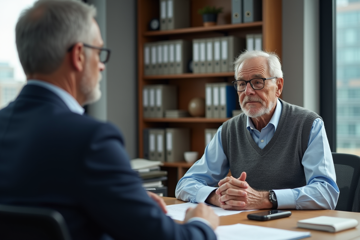 Conseiller en discussion avec un senior dans un bureau