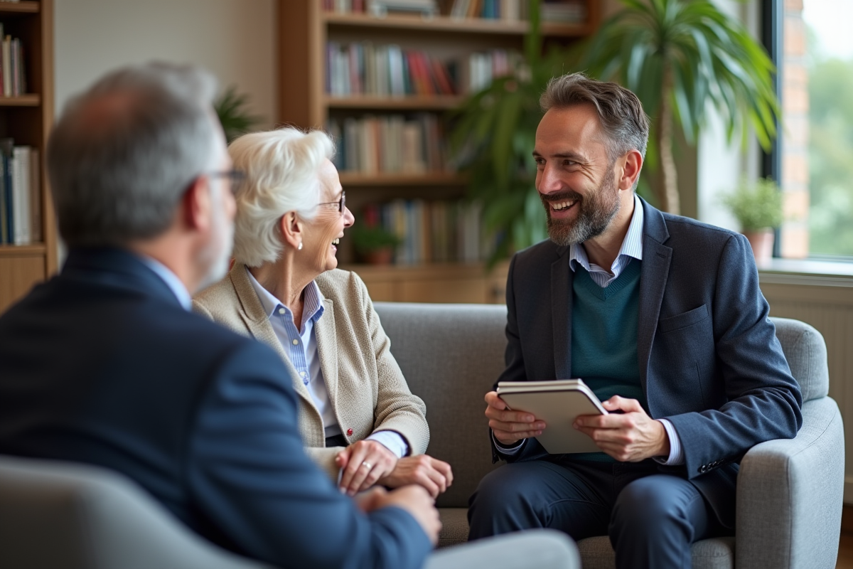 Conseiller écoutant un couple senior dans un salon