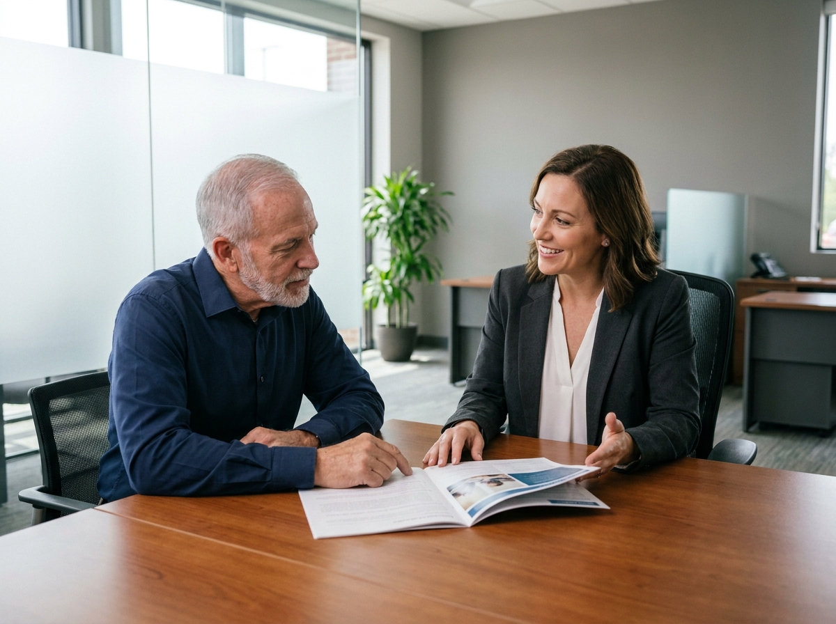 Retraité en consultation avec un conseiller en assurance obsèques dans un bureau professionnel