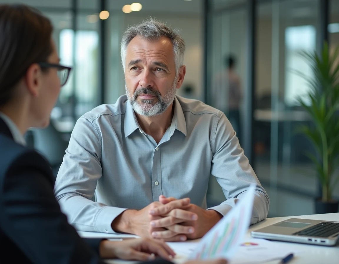 Homme en consultation avec un conseiller financier pour compenser une carrière incomplète avant la retraite