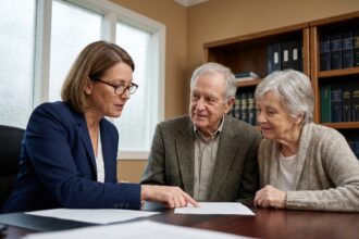Conseillère funéraire et couple de seniors examinant un contrat obsèques dans un bureau professionnel