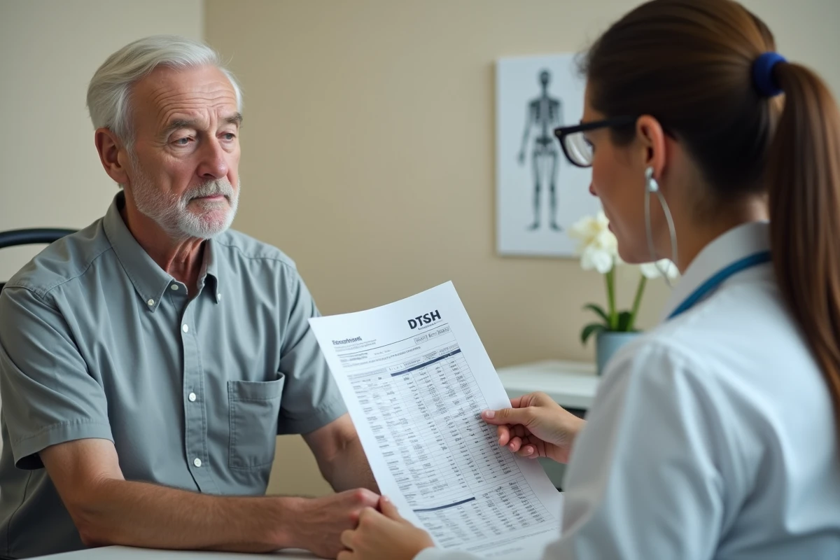 Médecin expliquant des résultats d'analyses biologiques à un patient âgé en consultation, dans le cadre du suivi du taux de potassium sous traitement diurétique