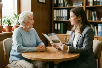 Une femme âgée en consultation avec une conseillère spécialisée dans les maisons de retraite, guide d'orientation senior