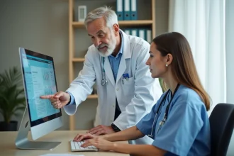 Infirmière coordinatrice et médecin consultant un logiciel de coordination des soins sur un écran dans un établissement médicalisé