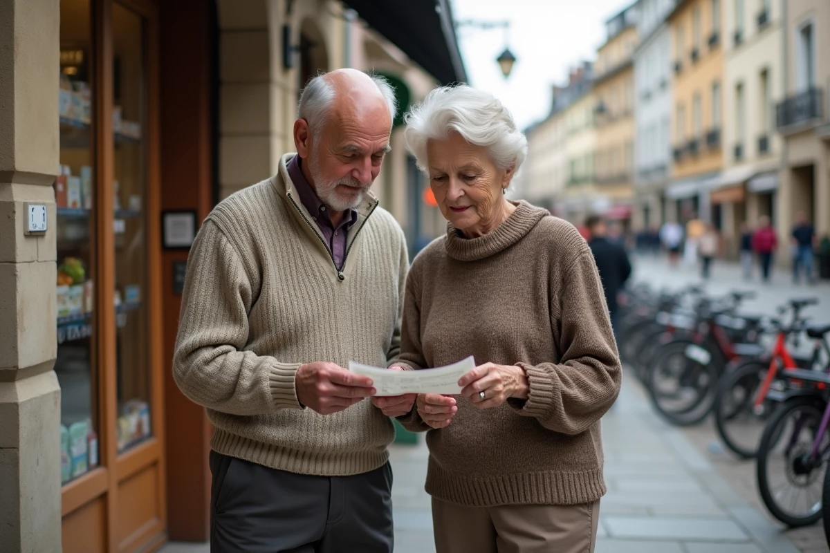 Couple âgé examinant un ticket de caisse dans la rue
