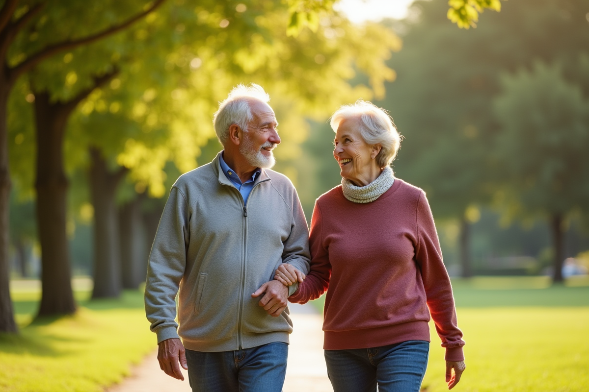 Couple de retraités marchant dans un parc ensoleille