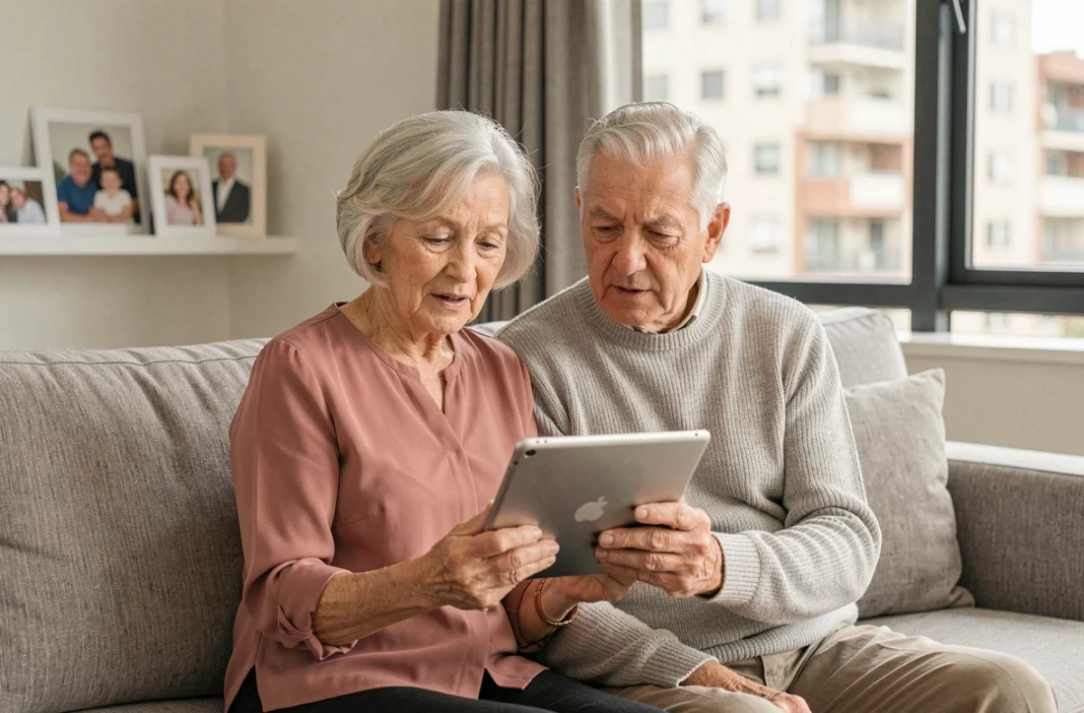 Couple de personnes âgées de plus de 80 ans consultant une tablette dans l'appartement d'une résidence senior moderne