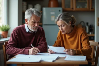 Couple d'âge moyen devant leurs factures dans un appartement