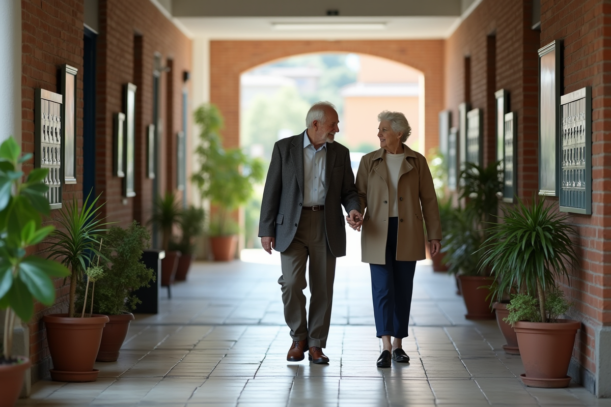 Couple de seniors discutant dans un couloir lumineux