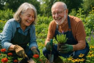 Couple agee jardinant dans un jardin communautaire