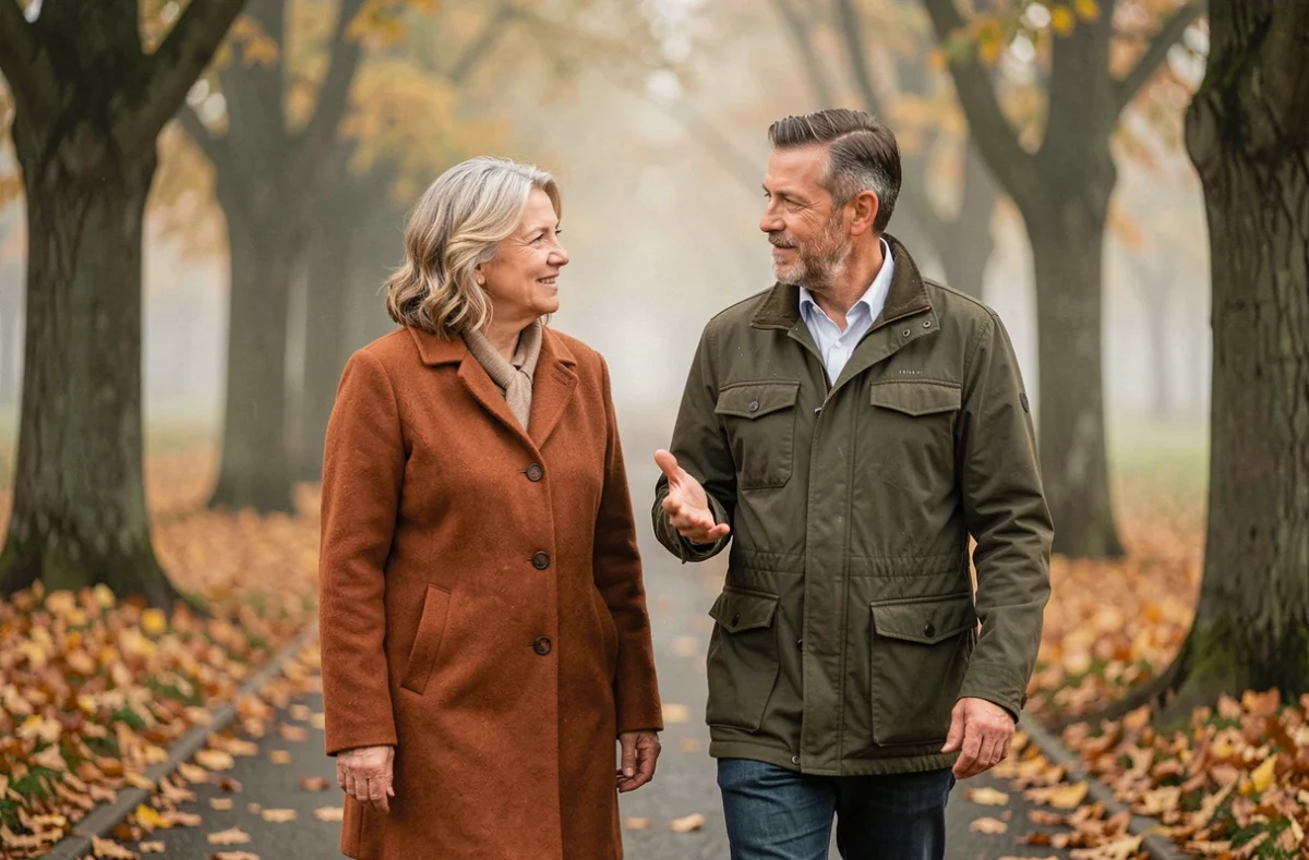 Couple quinquagénaire se promenant dans un parc en automne, discutant de la stratégie pour compléter leurs trimestres de retraite