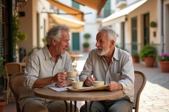 Couple de retraités savourant un café en terrasse dans une ville méditerranéenne ensoleillée, consultant une carte touristique