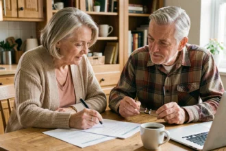 Couple de retraités consultant le calendrier de versement de leur retraite complémentaire Agirc-Arrco autour d'une table