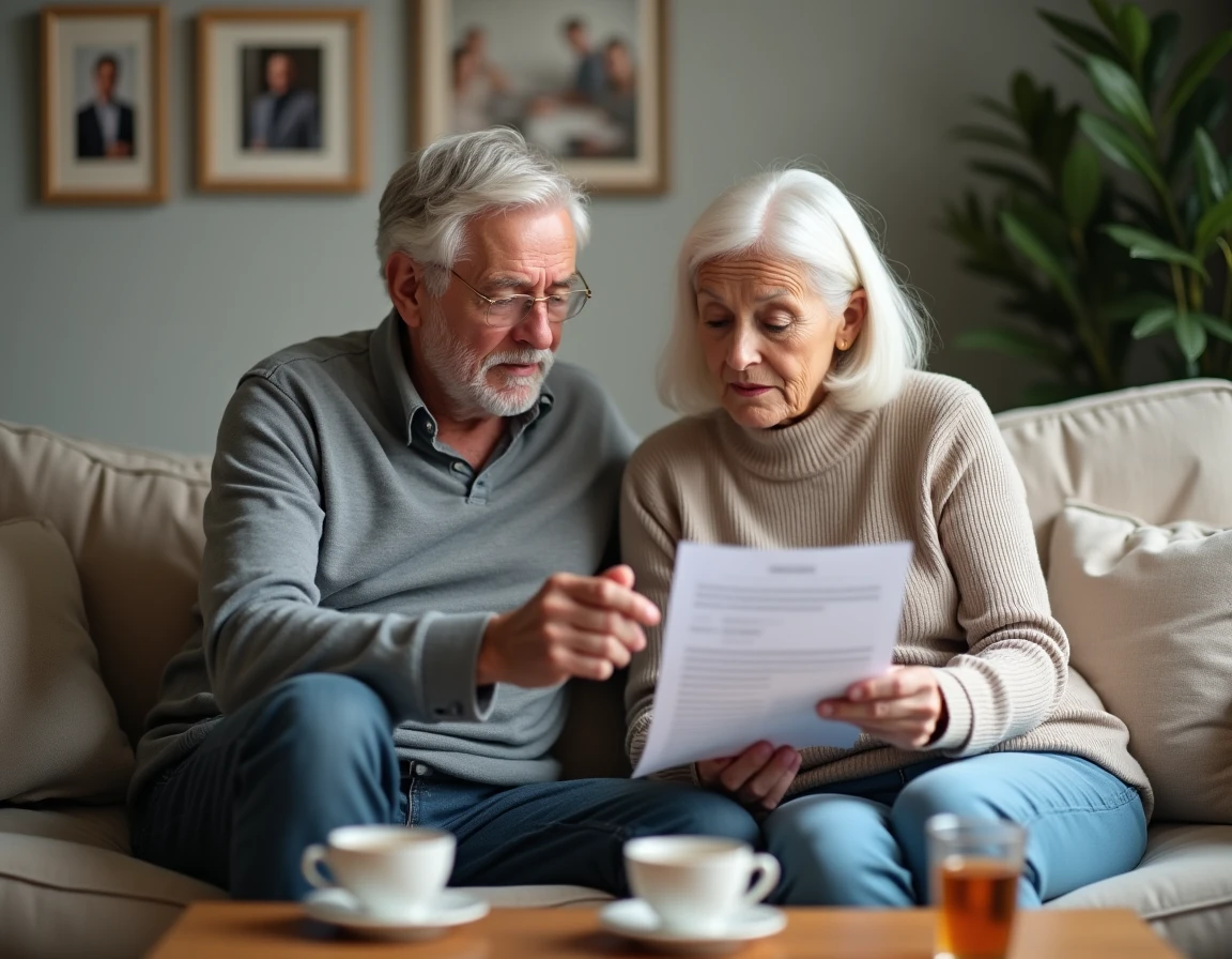 Couple de retraités analysant ensemble leur courrier de revalorisation Agirc Arrco dans leur salon