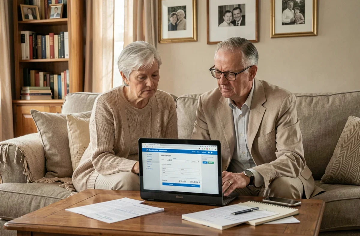 Couple de retraités consultant le site des impôts sur leur ordinateur portable pour vérifier leur abattement fiscal