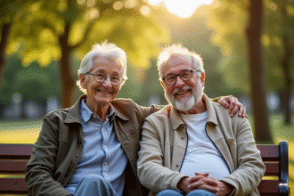 Couple de retraités souriants sur un banc dans un parc ensoleille