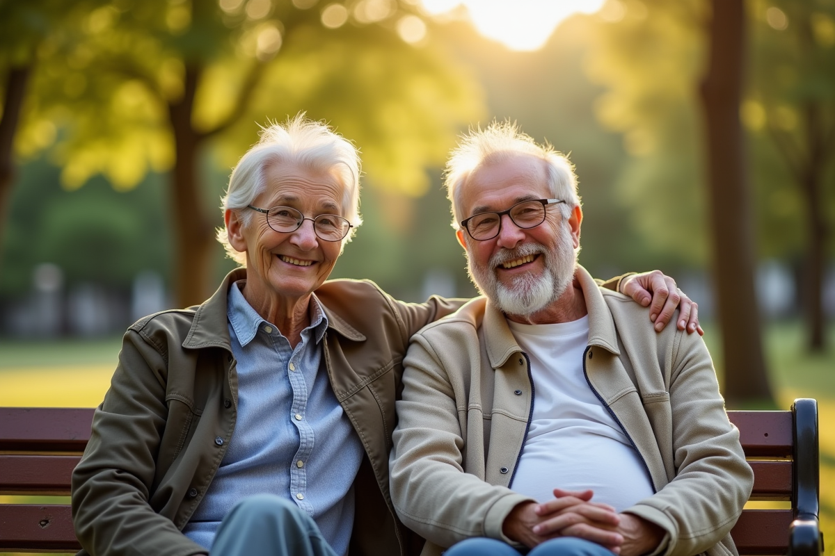 Couple de retraités souriants sur un banc dans un parc ensoleille