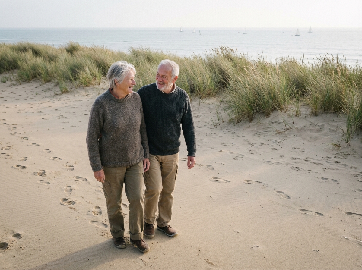 Couple retraité marchant sur la plage de Vendée