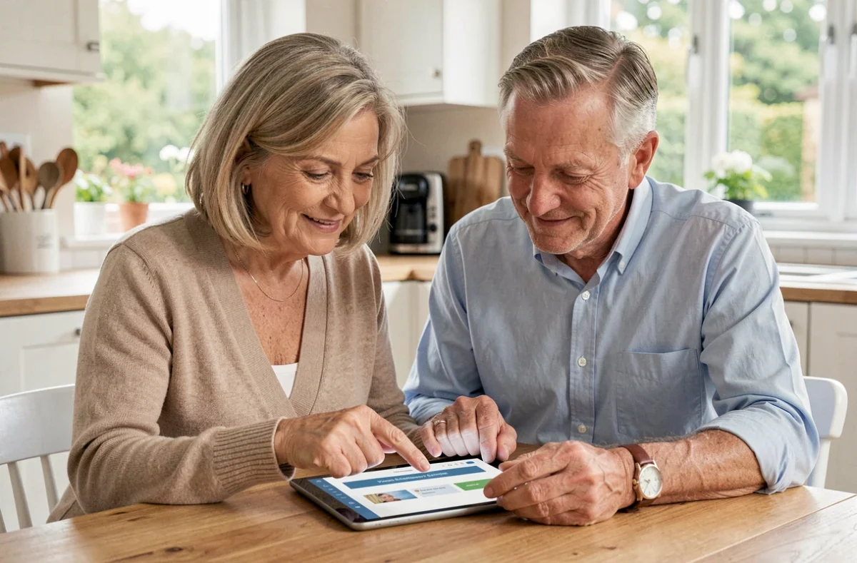 Un couple de retraités consulte ensemble un simulateur de droits Agirc-Arrco sur tablette dans leur cuisine