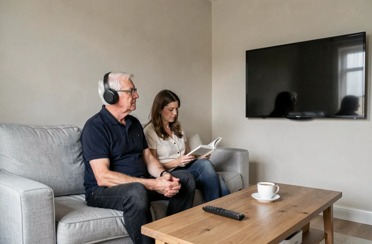 Homme senior avec casque TV assis sur un canapé à côté de sa femme qui lit, illustration de l'écoute indépendante