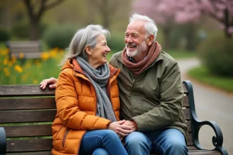 Couple senior souriant assis sur un banc dans un jardin fleuri