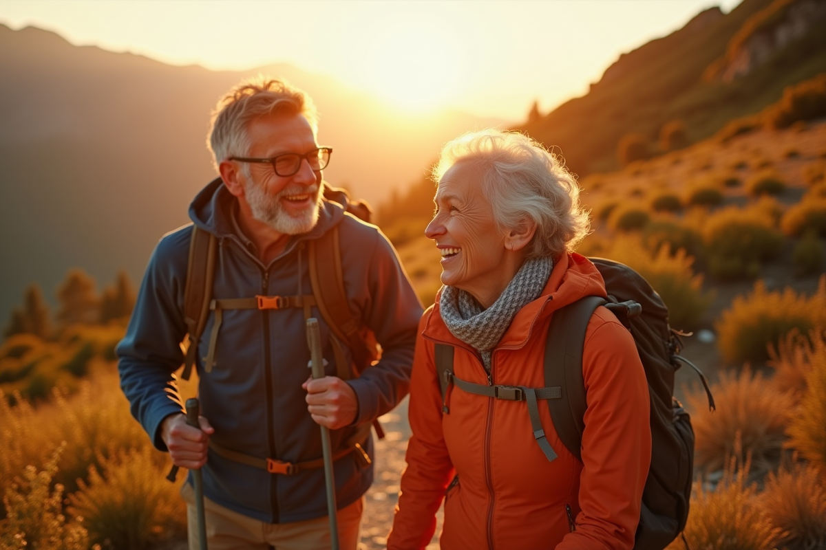 Couple senior heureux en randonnée en montagne au lever du soleil