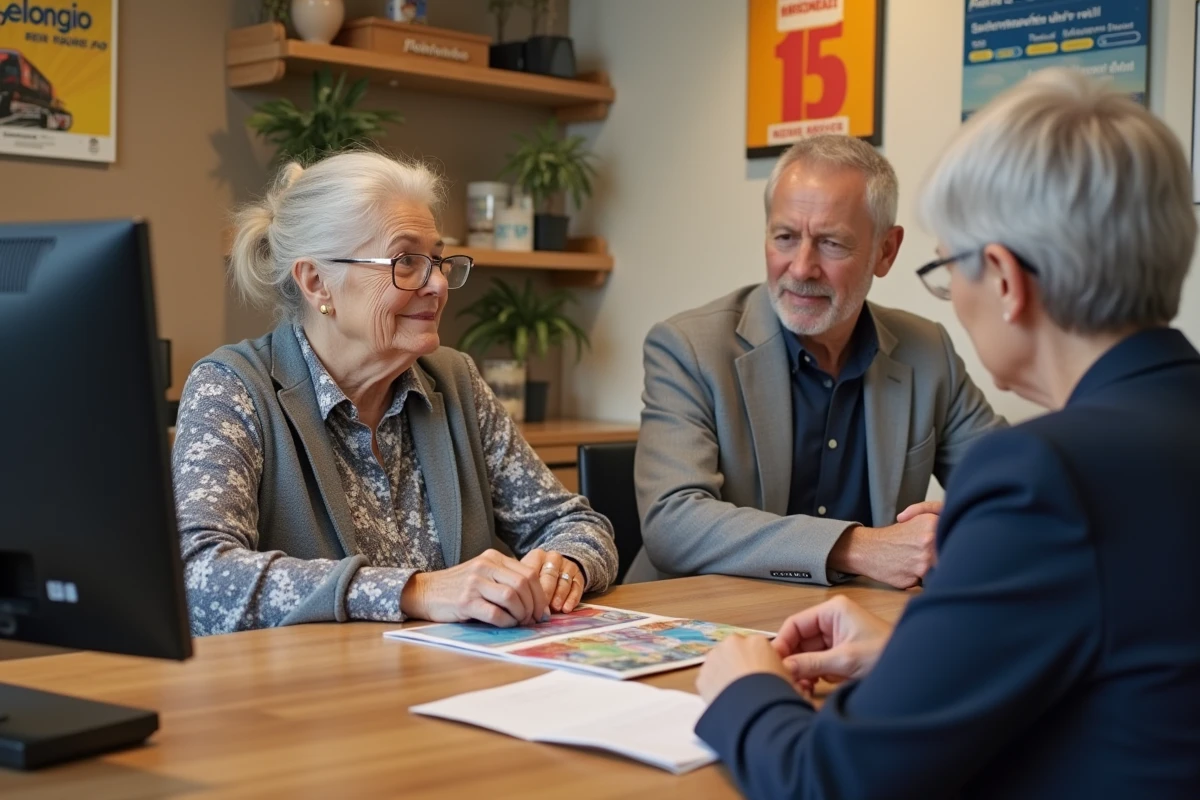 Couple de seniors en agence de voyage discutant des avantages de la carte senior SNCF avec un conseiller