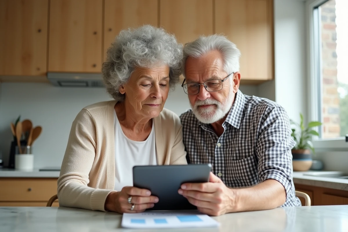 Couple de seniors consultant des graphiques de retraite sur une tablette dans leur cuisine, planification des plafonds et prévisions de pension 2026